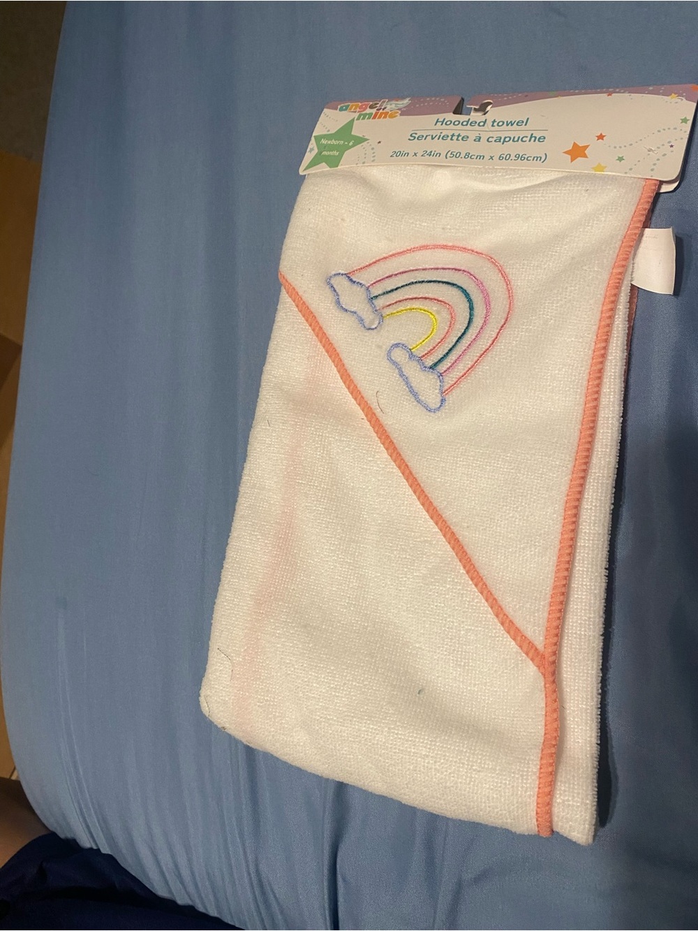 Hooded Baby Towel with Rainbow Embroidery - White & Peach Trim